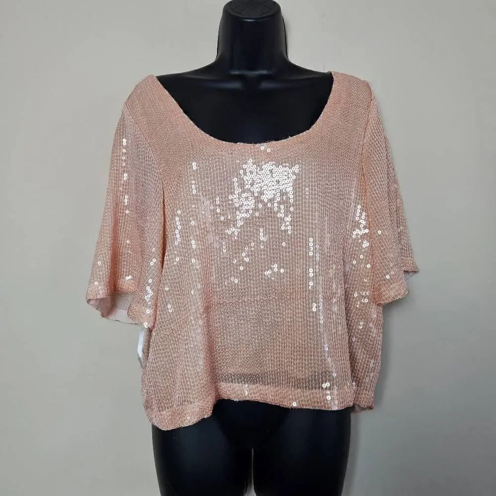 Free People Night Fever Peach Sequin Blouse